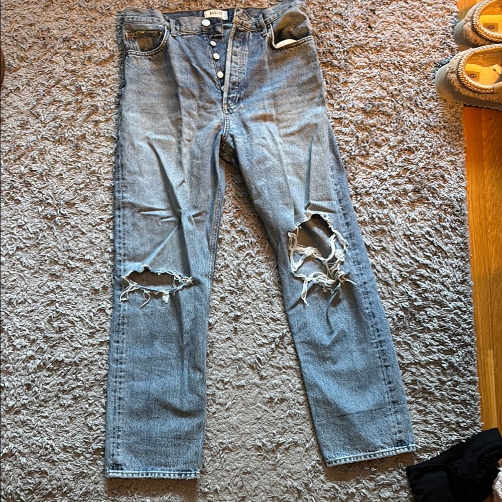 Agolde Blue Straight Leg Jeans with Distressed Details